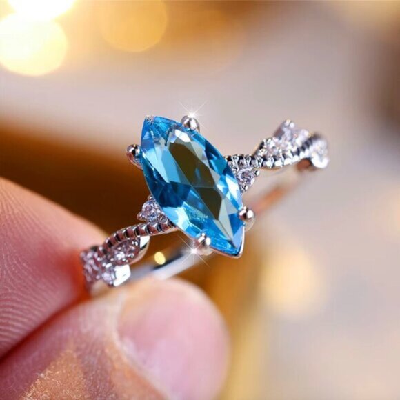 Jewelry - NEW 18k White Gold Blue Sapphire Diamond Ring Marquise Cut Ring